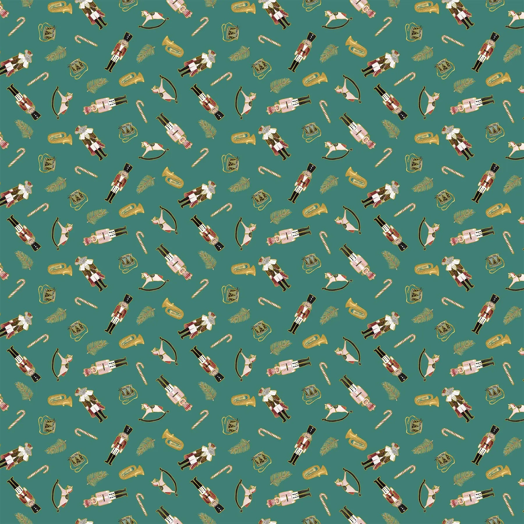Fabric with a teal background and nutcracker and rocking horse illustrations. Christmas fabric bundle 11 Piece Fat Quarters, Noel by Figo Fabrics. 100% cotton for sewing and crafting. 