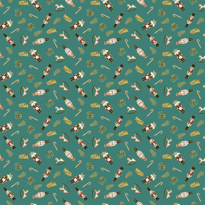 Fabric with a teal background and nutcracker and rocking horse illustrations. Christmas fabric bundle 11 Piece Fat Quarters, Noel by Figo Fabrics. 100% cotton for sewing and crafting. 