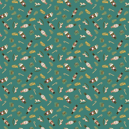Fabric with a teal background and nutcracker and rocking horse illustrations. Christmas fabric bundle 11 Piece Fat Quarters, Noel by Figo Fabrics. 100% cotton for sewing and crafting. 