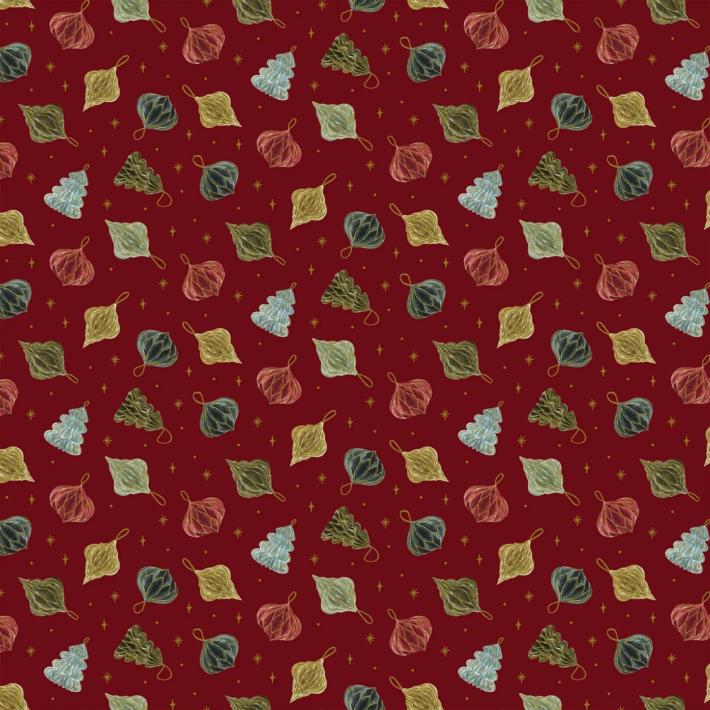 Fabric with a red background and small ornaments illustrations. Christmas fabric bundle 11 Piece Fat Quarters, Noel by Figo Fabrics. 100% cotton for sewing and crafting. 