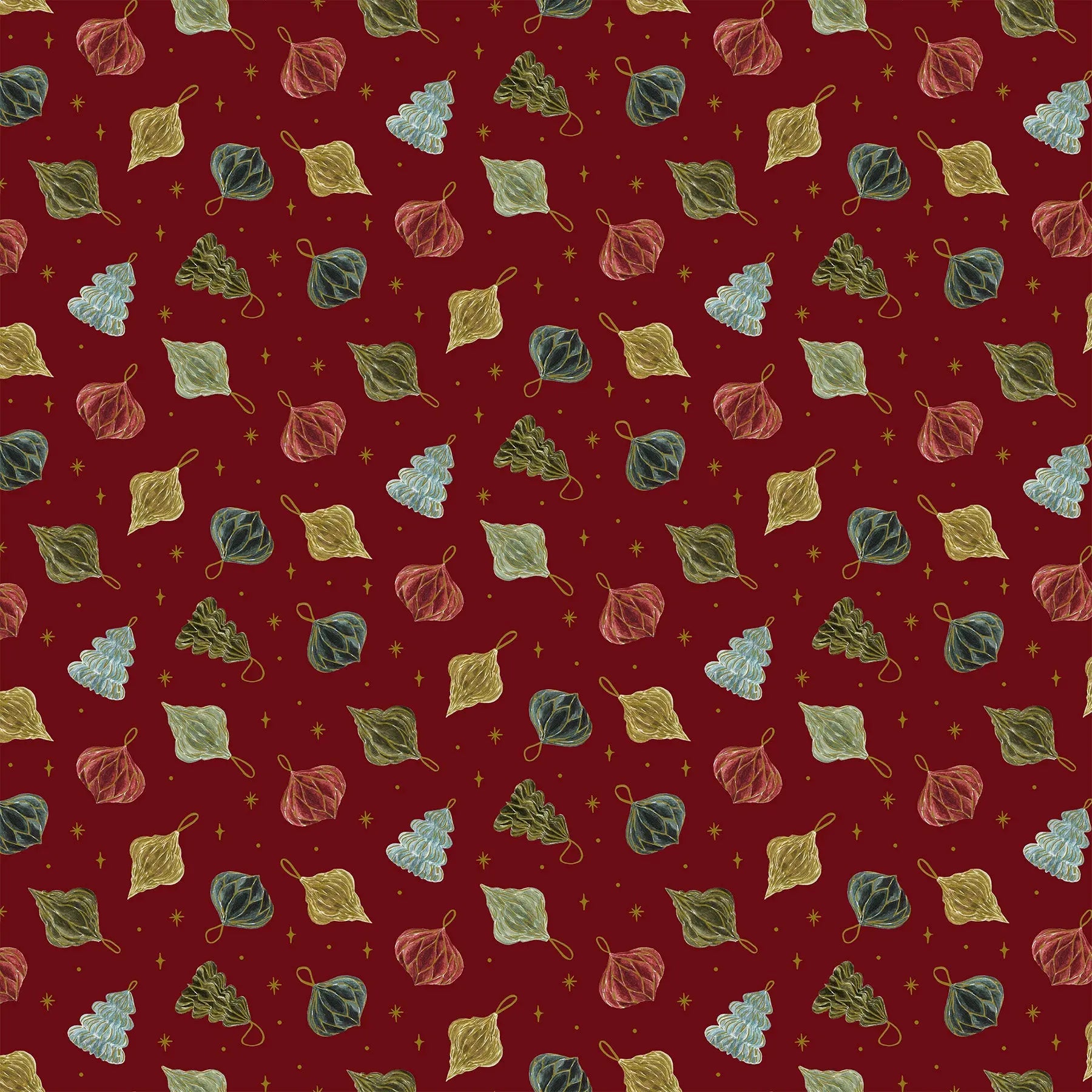 Fabric with a red background and small ornaments illustrations. Christmas fabric bundle 11 Piece Fat Quarters, Noel by Figo Fabrics. 100% cotton for sewing and crafting. 