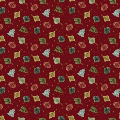 Fabric with a red background and small ornaments illustrations. Christmas fabric bundle 11 Piece Fat Quarters, Noel by Figo Fabrics. 100% cotton for sewing and crafting. 