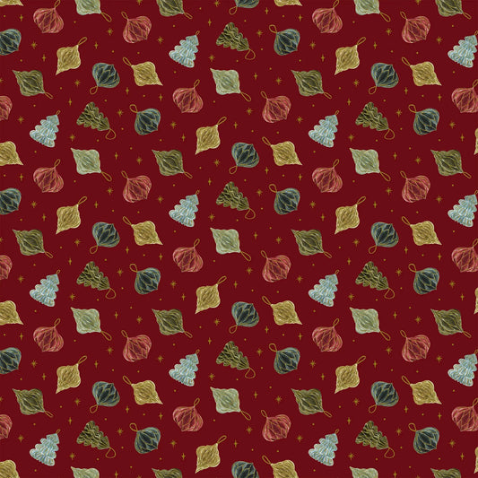 Fabric with a red background and small ornaments illustrations. Christmas fabric bundle 11 Piece Fat Quarters, Noel by Figo Fabrics. 100% cotton for sewing and crafting. 