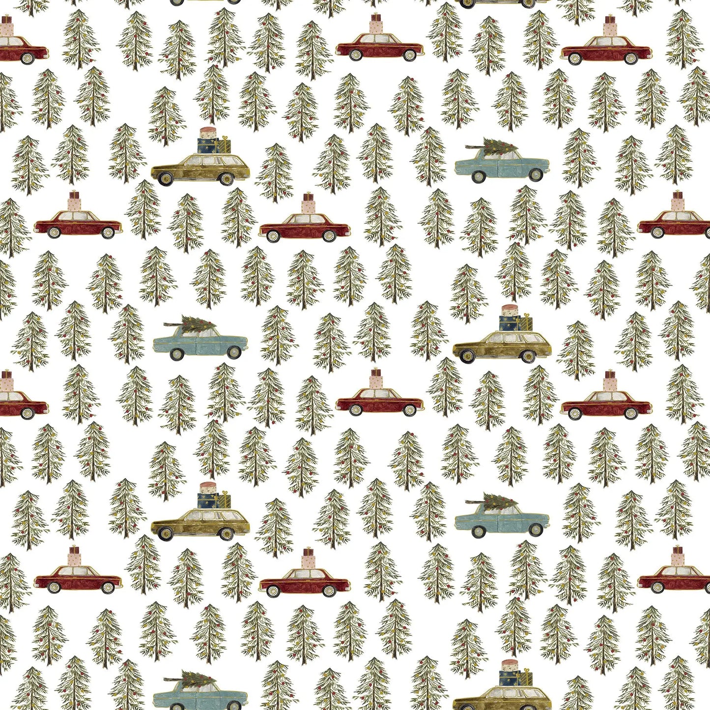 Fabric with a white background and old cars and trees illustrations. Christmas fabric bundle 11 Piece Fat Quarters, Noel by Figo Fabrics. 100% cotton for sewing and crafting. 
