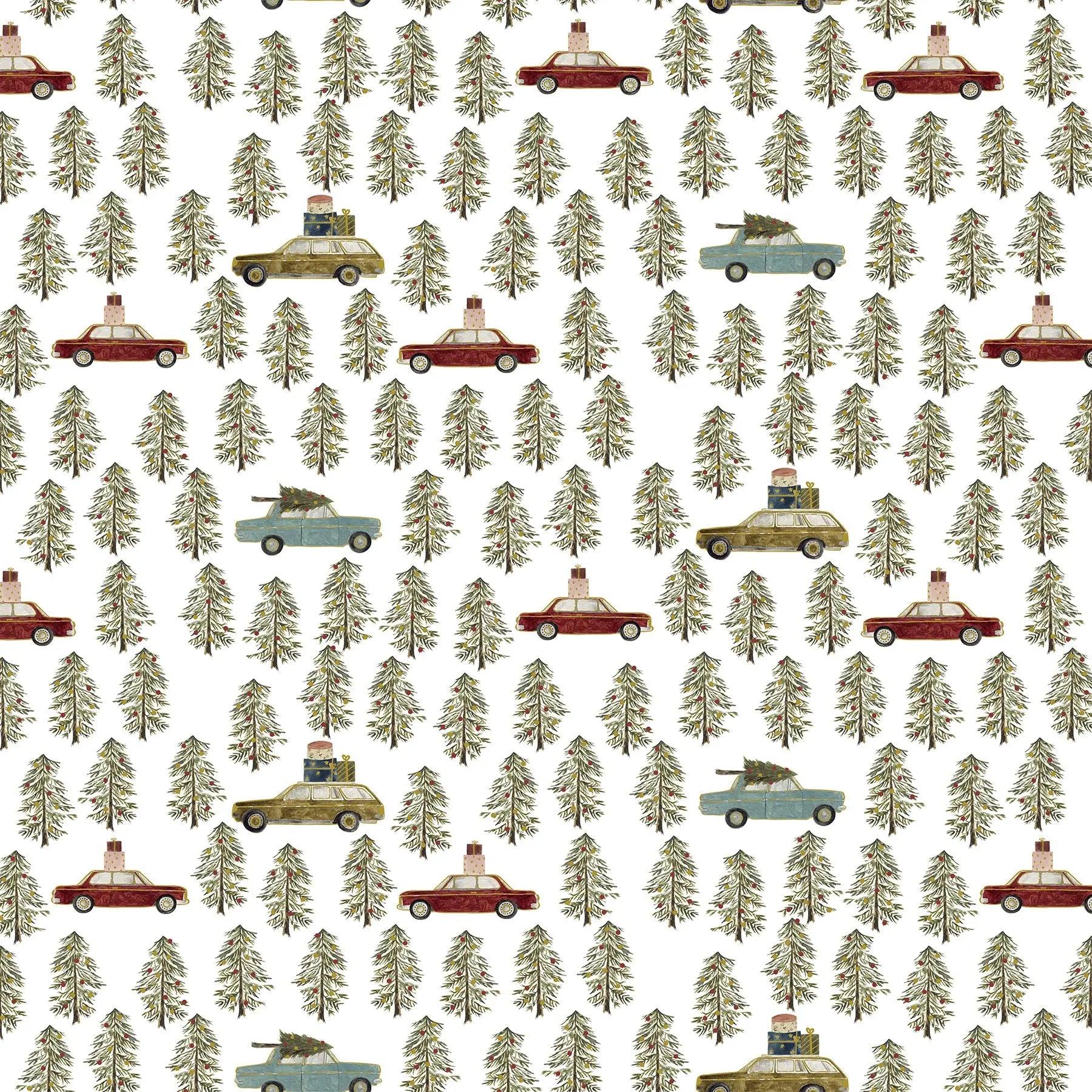 Fabric with a white background and old cars and trees illustrations. Christmas fabric bundle 11 Piece Fat Quarters, Noel by Figo Fabrics. 100% cotton for sewing and crafting. 
