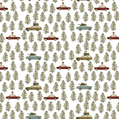 Fabric with a white background and old cars and trees illustrations. Christmas fabric bundle 11 Piece Fat Quarters, Noel by Figo Fabrics. 100% cotton for sewing and crafting. 