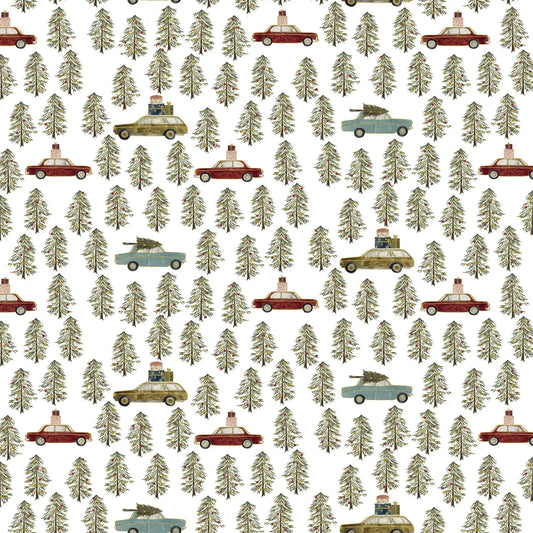 Fabric with a white background and old cars and trees illustrations. Christmas fabric bundle 11 Piece Fat Quarters, Noel by Figo Fabrics. 100% cotton for sewing and crafting. 