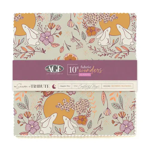 A pack of 10 inch square pieces of fabric with a floral pattern, labeled as a Layer Cake by Art Gallery Fabrics. Crafting Magic, Bundle of 42 - 10" Squares 100% Premium Cotton