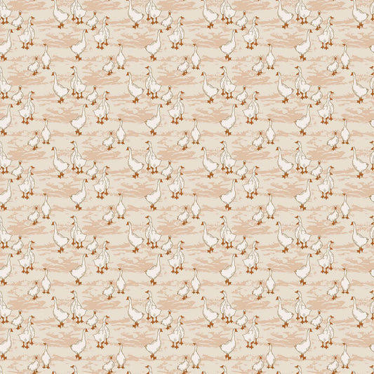 A fabric with a cream beige background and white duck illustrations. From wild cottage collection figo fabrics fat quarter bundle.