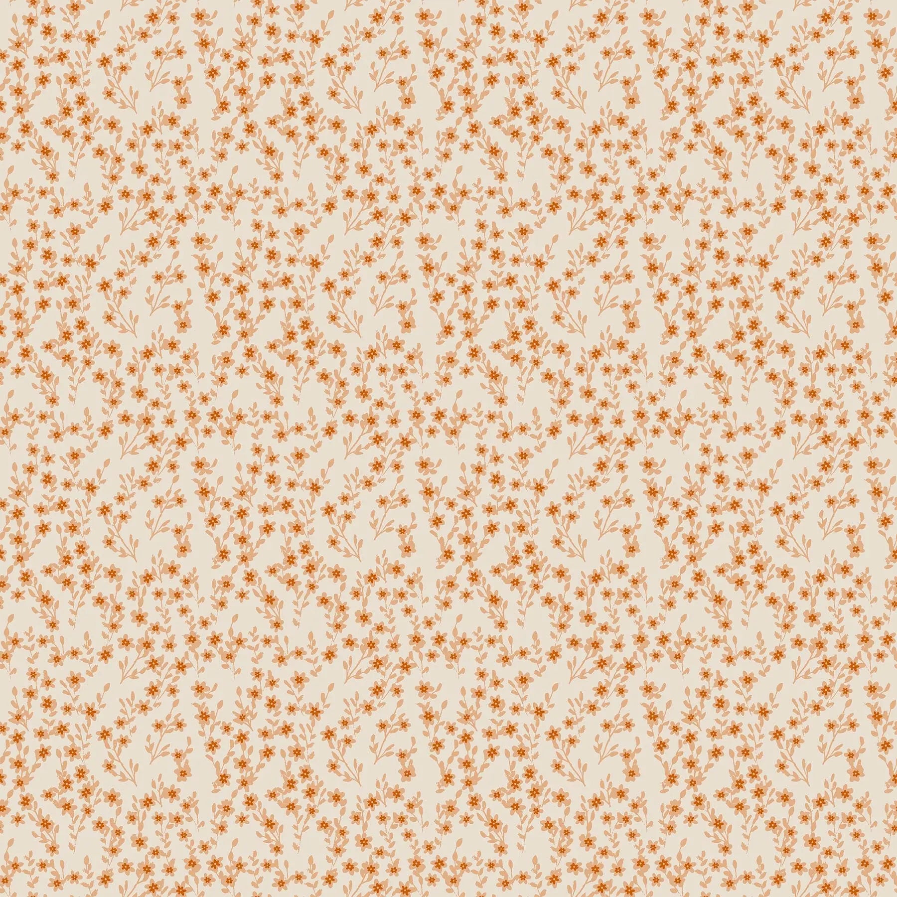 A fabric with a cream background and small orange flower bunch pattern. From wild cottage collection figo fabrics fat quarter bundle.