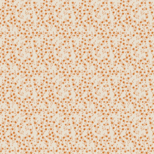 A fabric with a cream background and small orange flower bunch pattern. From wild cottage collection figo fabrics fat quarter bundle.