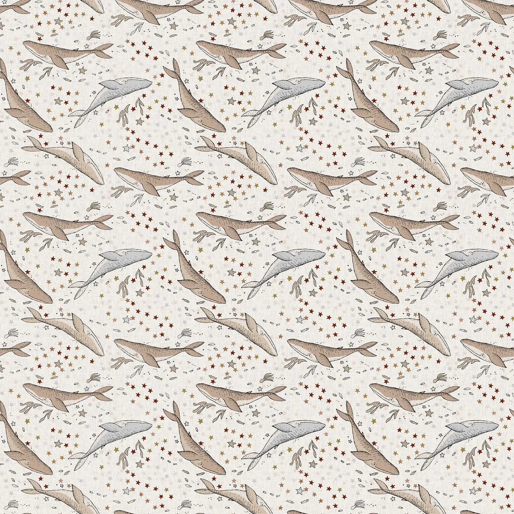 Fabric with a cream background and whale and seascape illustrations. From Calm Waters by FIGO Fabrics. 100% Cotton for quilting, sewing, and crafting.