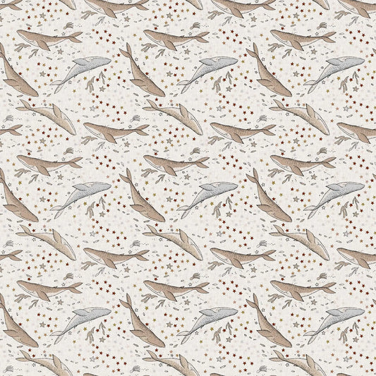 Fabric with a cream background and whale and seascape illustrations. From Calm Waters by FIGO Fabrics. 100% Cotton for quilting, sewing, and crafting.