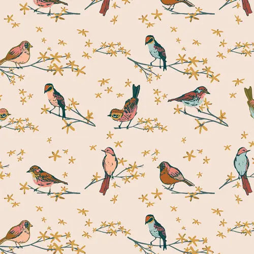 A fabric with a floral and bird pattern, predominantly pink with a background of stars. From Gloria for Art Gallery Fabrics for sewing and crafting.