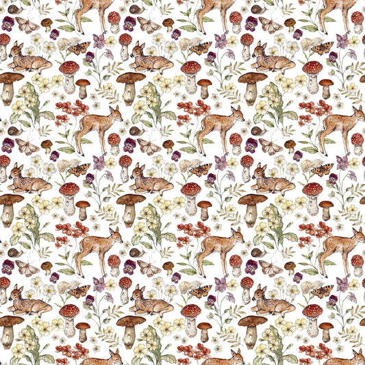 A fabric with a cream background featuring flower, deer and mushroom illustrations. From Heavenly Hedgerow Figo Fabrics 100% cotton for sewing and crafting. 