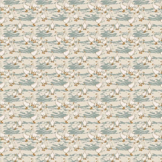 A fabric with a cream background and duck illustrations. From wild cottage collection figo fabrics fat quarter bundle.