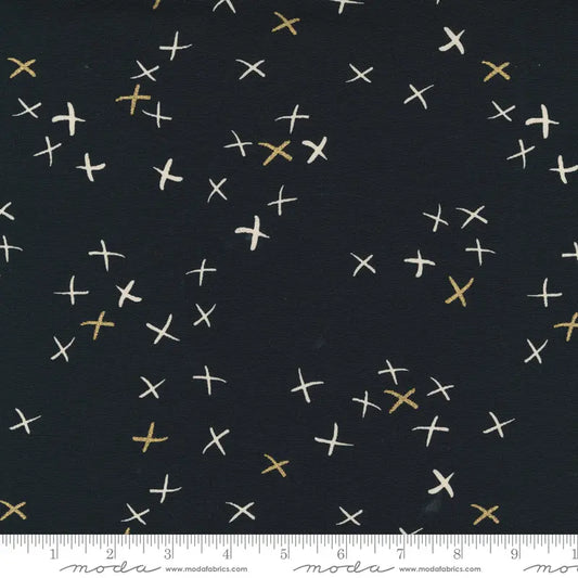 Fabric with a black background and white and metallic gold cross illustrations. 100% Cotton canvas for sewing and crafting. 
