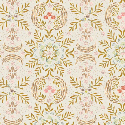 Fabric with a cream background and large gold medallion illustrations. From "Velvet" by Amy Sinbaldi Art Gallery Fabrics. 100% cotton fabric for sewing, quilting, crafting. 