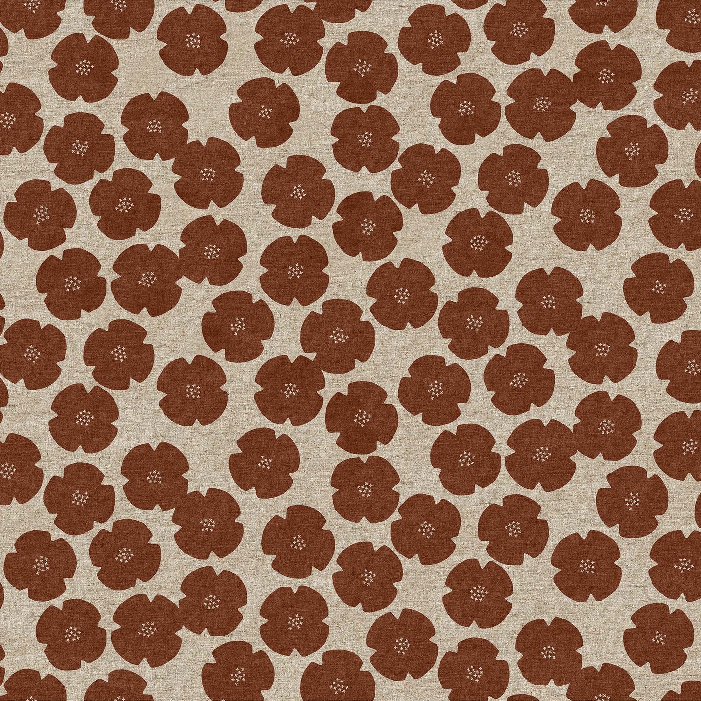 Fabric with a natural background and large rust flower illustrations.  From "Harmony" by Ghazal Razavi for Figo Fabics. Cotton Linen Blend.