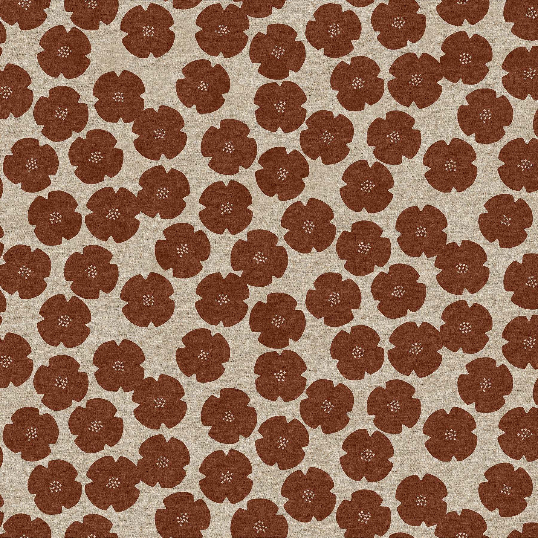 Fabric with a natural background and large rust flower illustrations.  From "Harmony" by Ghazal Razavi for Figo Fabics. Cotton Linen Blend.