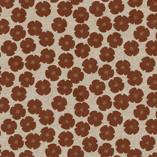 Fabric with a natural background and large rust flower illustrations.  From "Harmony" by Ghazal Razavi for Figo Fabics. Cotton Linen Blend.