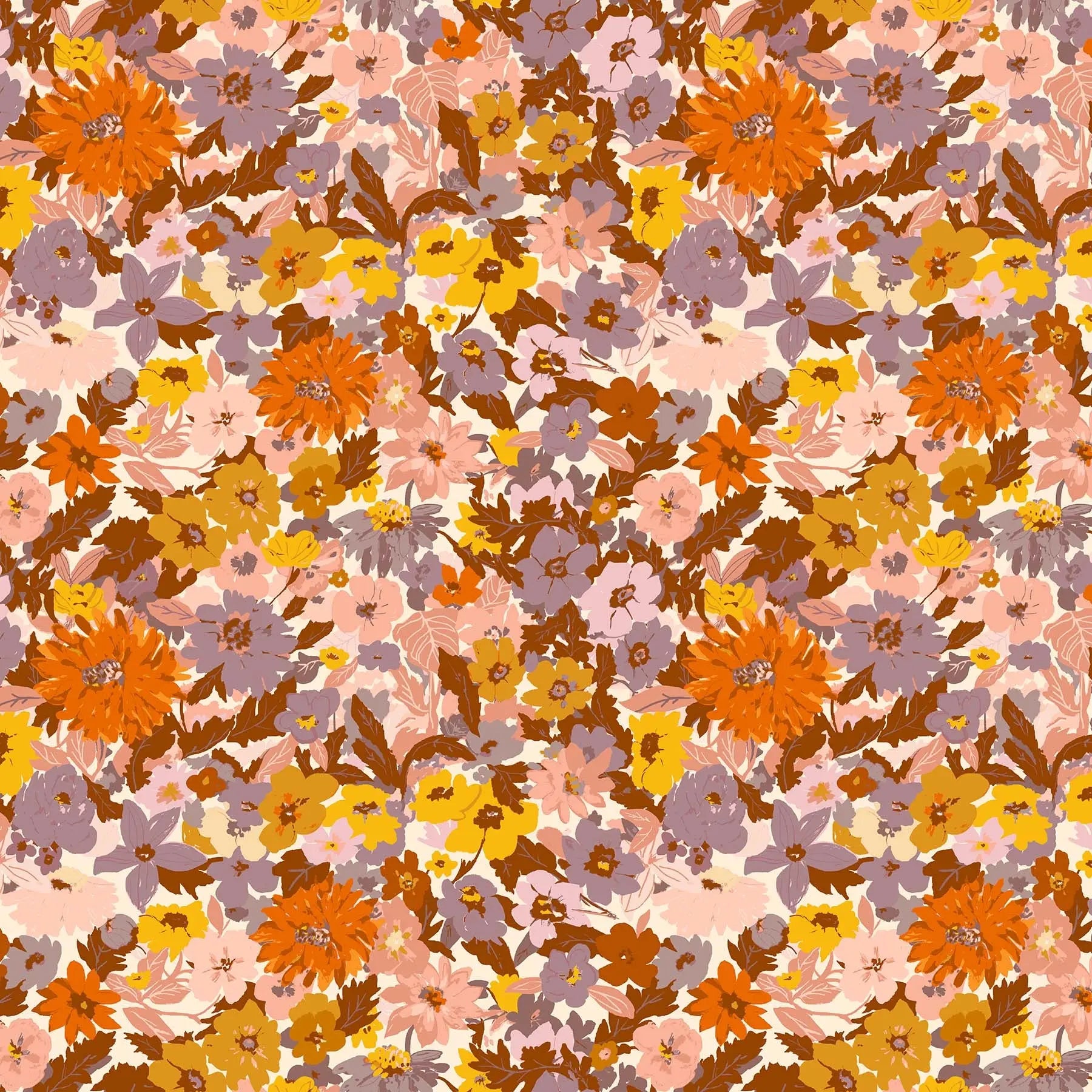 Fabric with a dense flower and leave warm pattern. From Summers End line by Alison Janssen for FIGO Fabrics. 100% cotton for sewing, crafting, and quilting. 