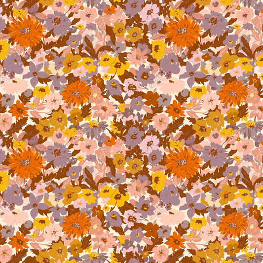 Fabric with a dense flower and leave warm pattern. From Summers End line by Alison Janssen for FIGO Fabrics. 100% cotton for sewing, crafting, and quilting. 