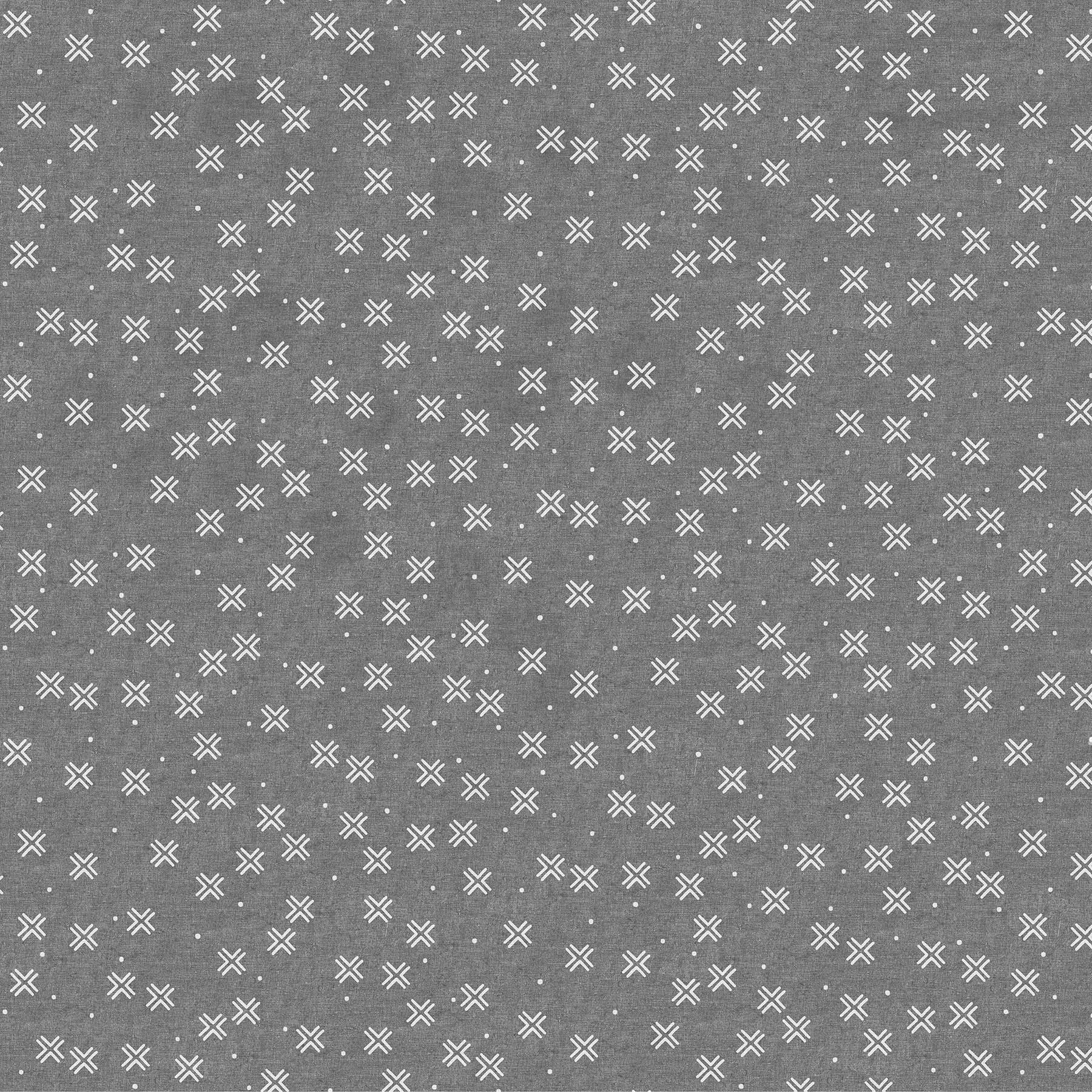 Fabric with a gray background and white crosses.  From "Harmony" by Ghazal Razavi for Figo Fabics. Cotton Linen Blend.