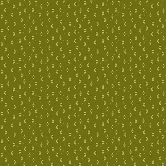 Fabric with a green background and ikat pattern. From Summers End line by Alison Janssen for FIGO Fabrics. 100% cotton for sewing, crafting, and quilting. 