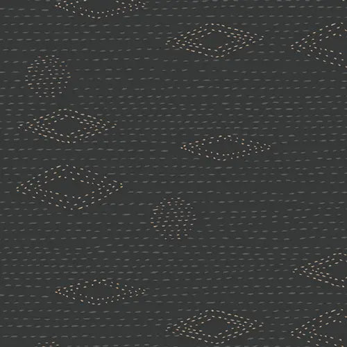 Fabric with a dark charcoal background and tan dash pattern illustrations.  From  Kismit Art Gallery Fabric 100% cotton for sewing and crafting. 