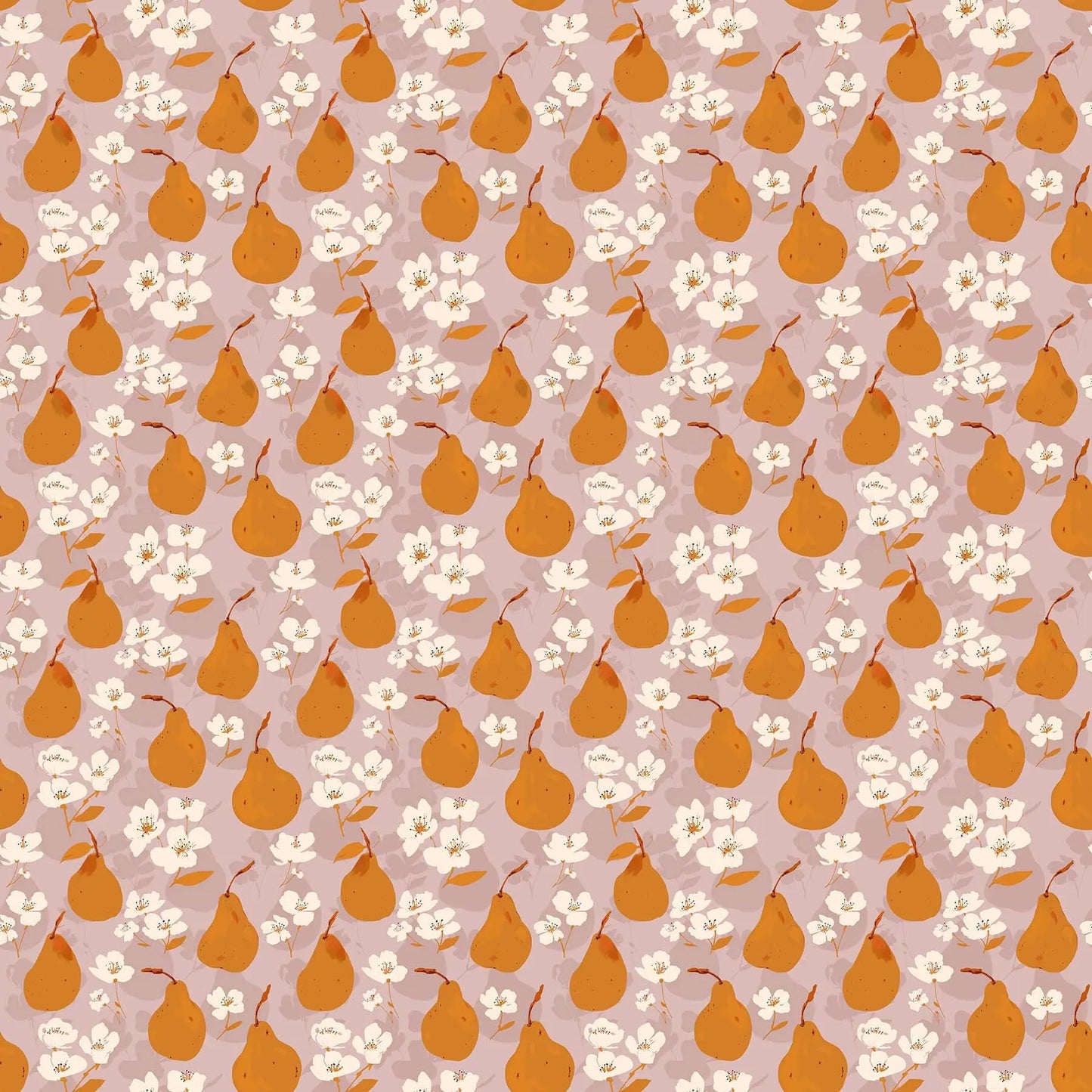 Fabric with a lilac background and pear illustrations. From Summers End line by Alison Janssen for FIGO Fabrics. 100% cotton for sewing, crafting, and quilting. 