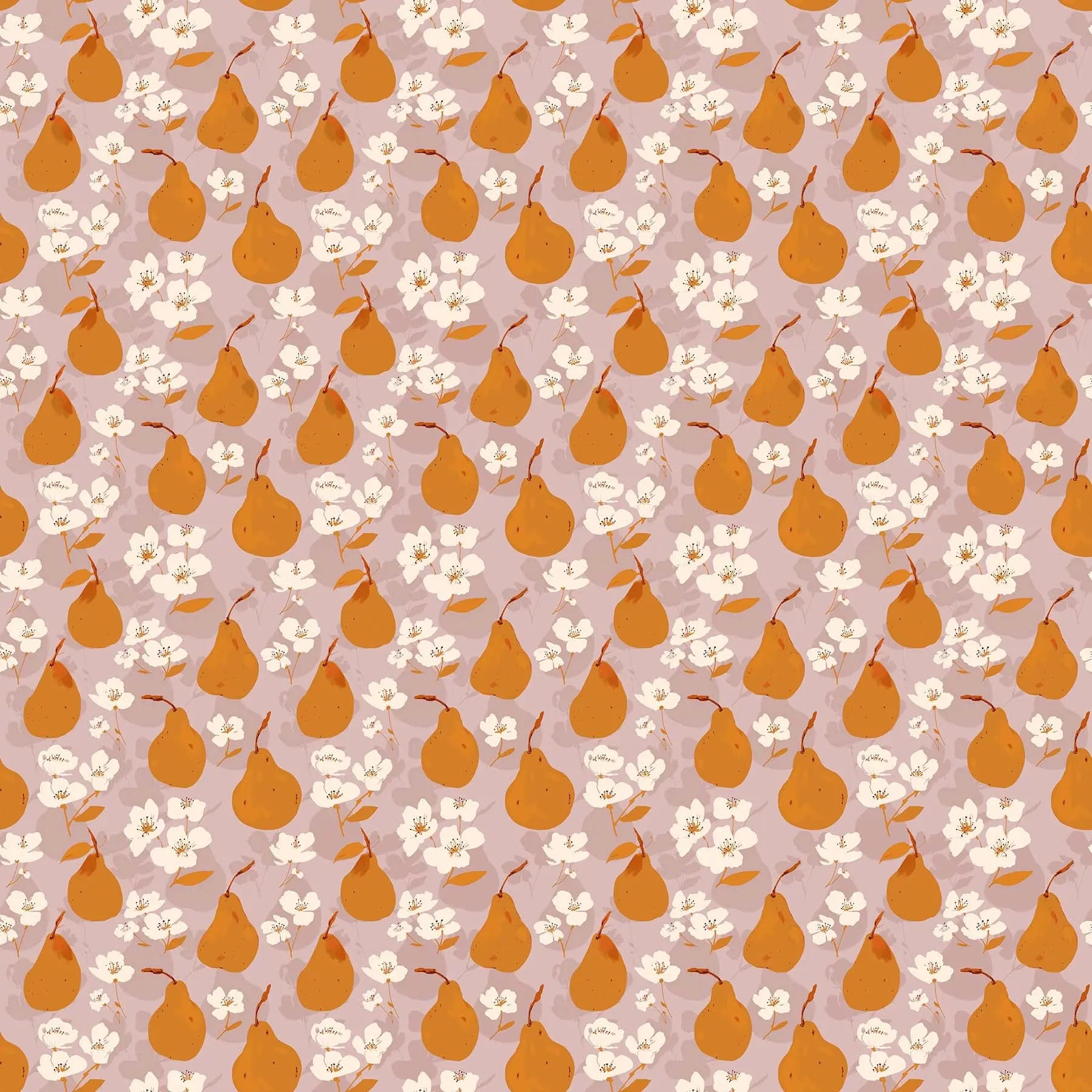 Fabric with a lilac background and pear illustrations. From Summers End line by Alison Janssen for FIGO Fabrics. 100% cotton for sewing, crafting, and quilting. 