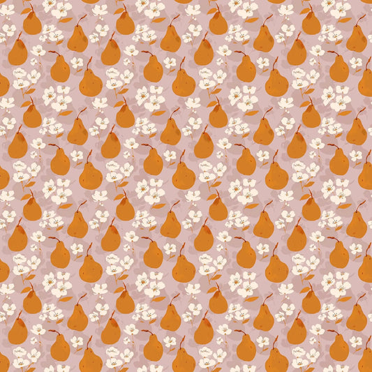 Fabric with a lilac background and pear illustrations. From Summers End line by Alison Janssen for FIGO Fabrics. 100% cotton for sewing, crafting, and quilting. 