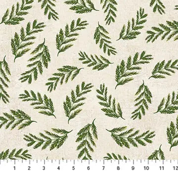 Fabric with a natural background and large green leaves. From "Wildflower" line by Boccaccini Meadows for Figo Fabrics. Cotton Linen blend for sewing, quilting, and crafting. 