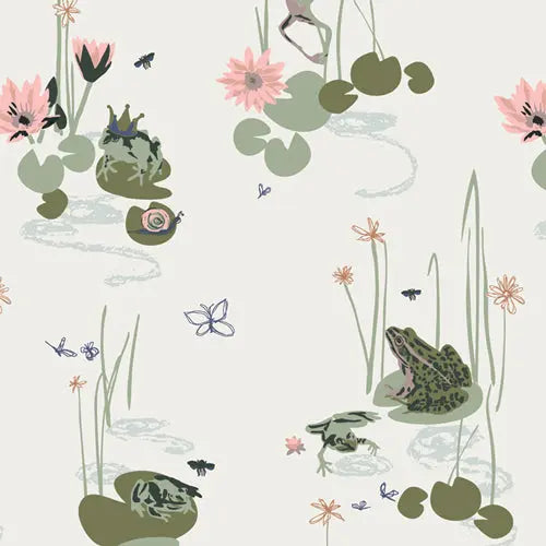 Fabric with a white background and frog pond illustrations. From "Lilliput" line by Sharon Holland Art Gallery Fabrics. 100% cotton for sewing, quilting, and crafting. 