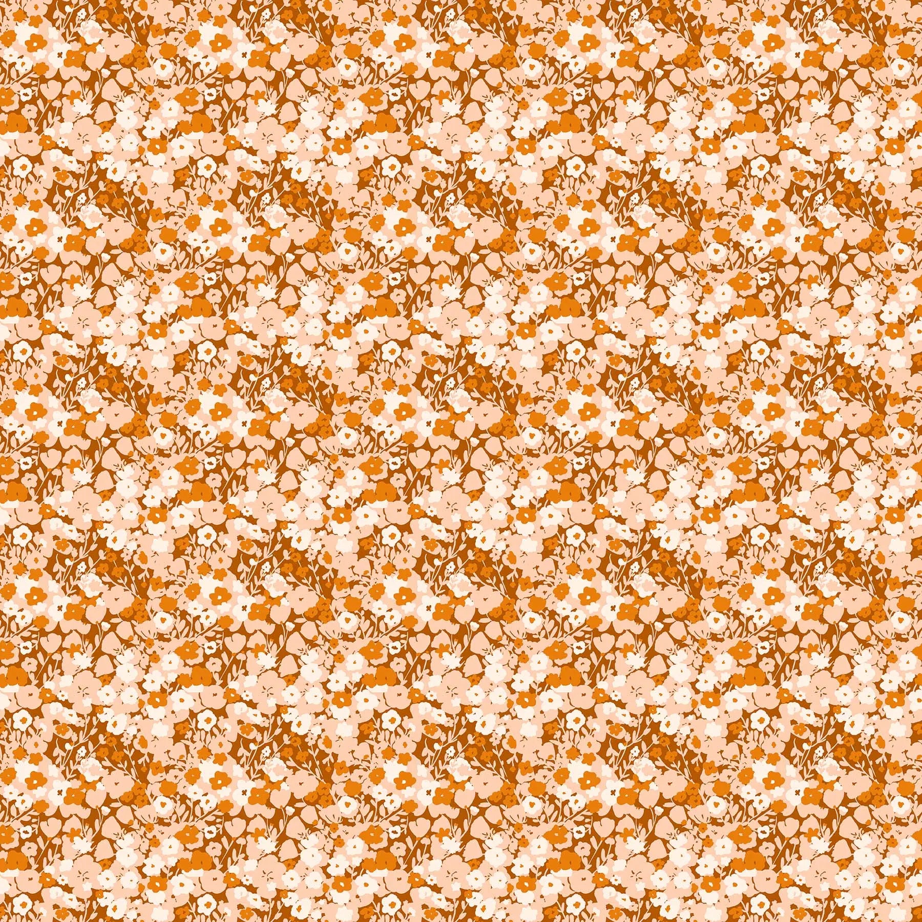 Fabric with a rust dense floral pattern. From Summers End line by Alison Janssen for FIGO Fabrics. 100% cotton for sewing, crafting, and quilting. 