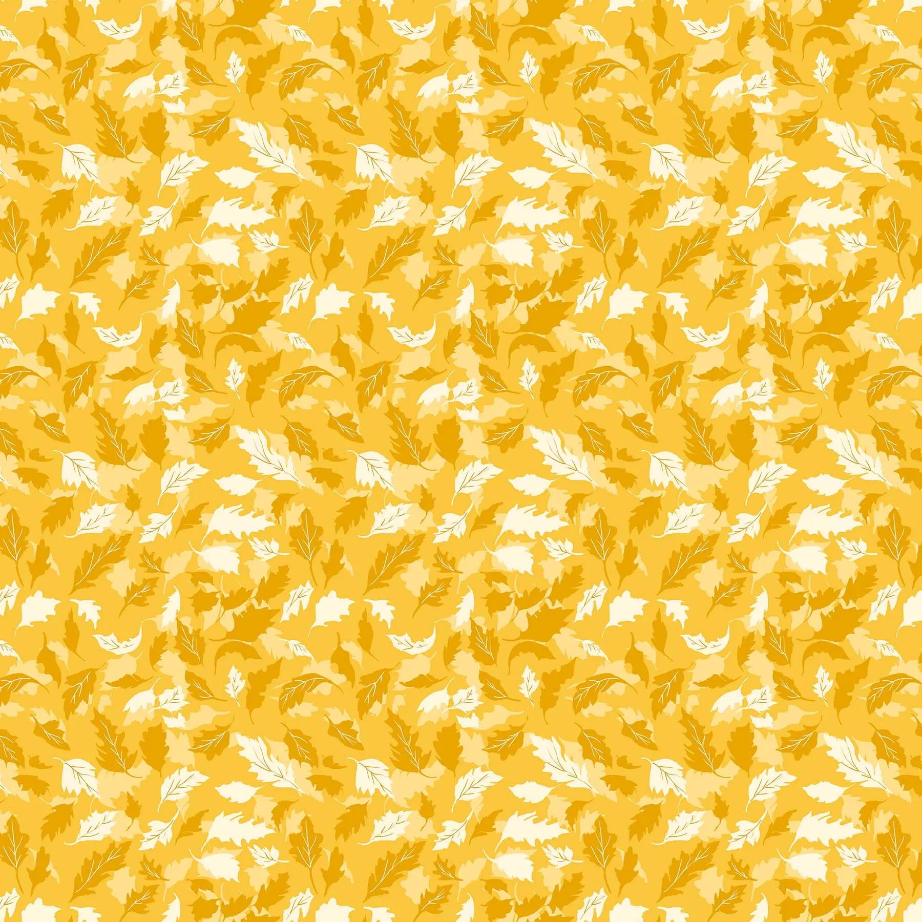 Fabric with a yellow background and tonal leaf pattern. From Summers End line by Alison Janssen for FIGO Fabrics. 100% cotton for sewing, crafting, and quilting. 