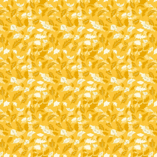 Fabric with a yellow background and tonal leaf pattern. From Summers End line by Alison Janssen for FIGO Fabrics. 100% cotton for sewing, crafting, and quilting. 