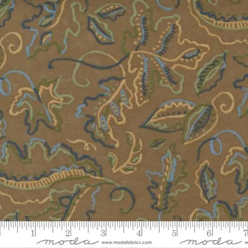 Fabric with brown background a leaf design. Fall Fantasy Flannel Branch by Holly Taylor. 100% cotton brushed flannel for sewing, crafting, and quilting. 