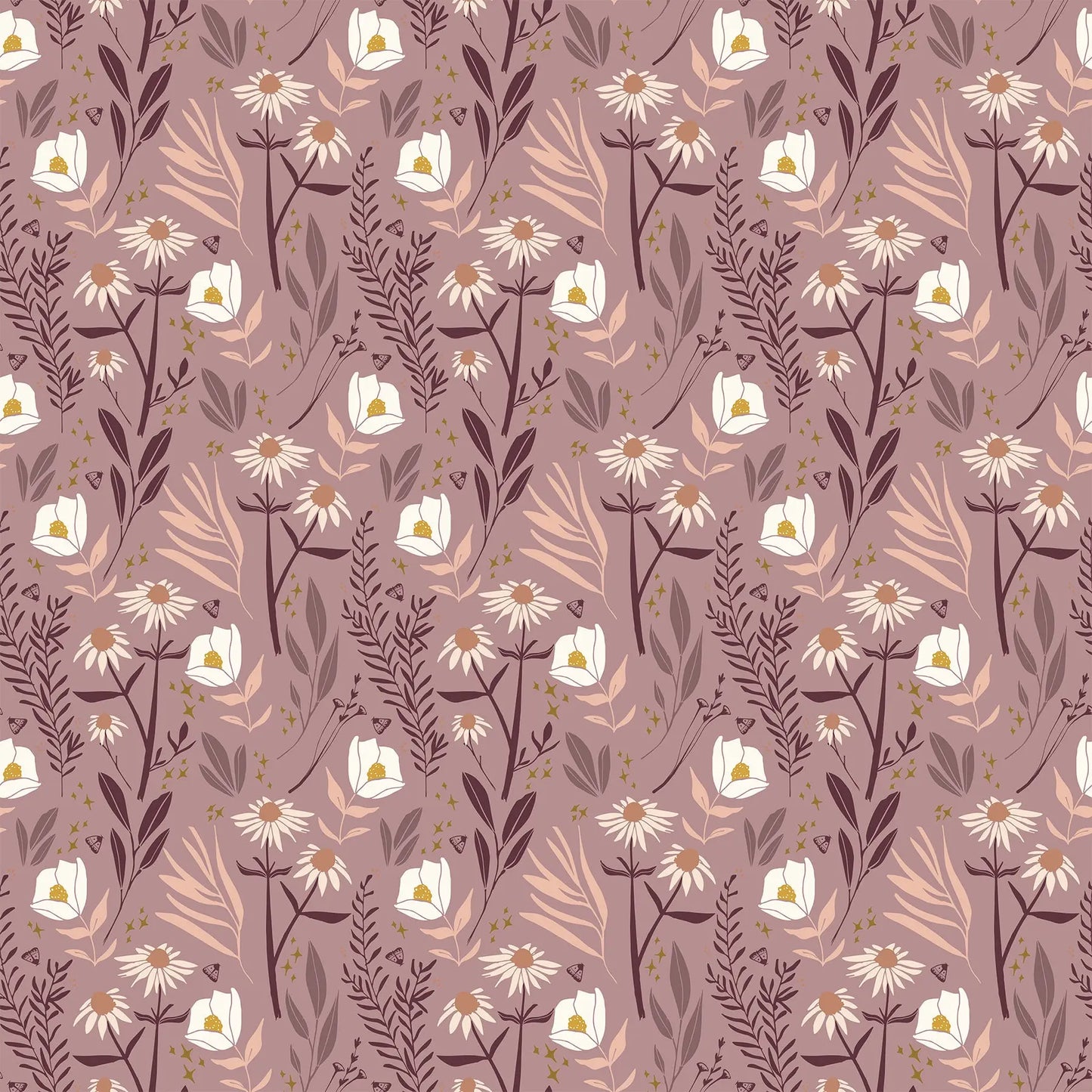 Fabric with a pink background and flower illustrations. From Martha by Figo Fabrics.  100% cotton for sewing and crafting. 