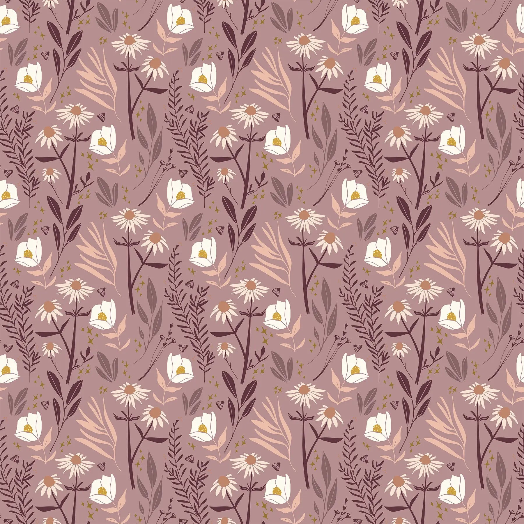 Fabric with a pink background and flower illustrations. From Martha by Figo Fabrics.  100% cotton for sewing and crafting. 