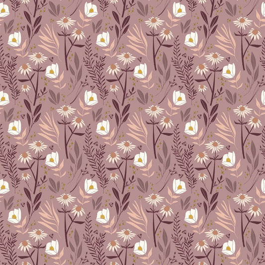 Fabric with a pink background and flower illustrations. From Martha by Figo Fabrics.  100% cotton for sewing and crafting. 