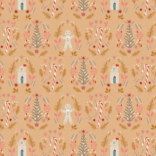 Fabric with a ginger background and candy cane and gingerbread illustrations. From "Cozy and Magical" from Art Gallery Fabrics. 100% premium cotton for sewing and crafting. 