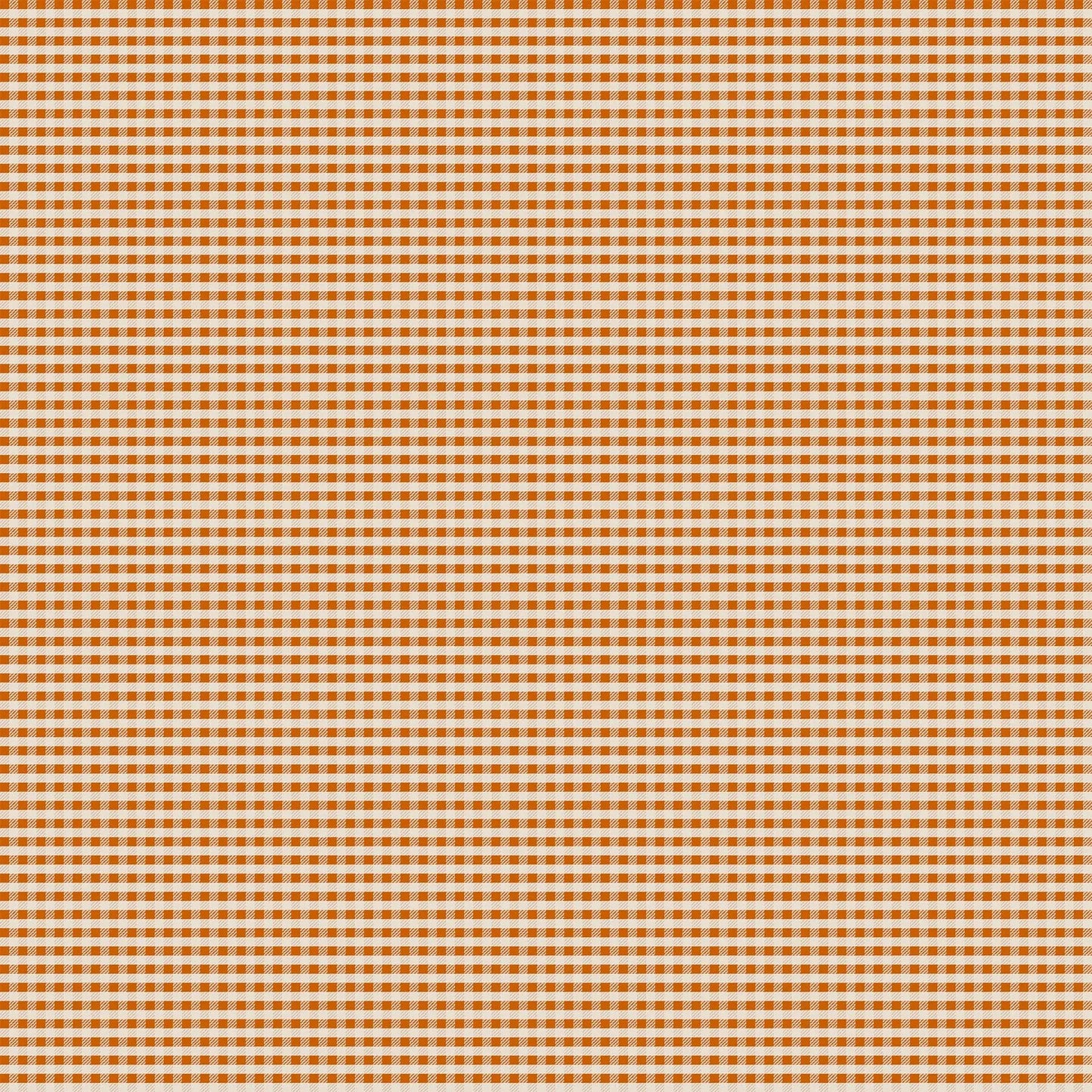 A fabric with a orange gingham pattern background. From wild cottage collection figo fabrics fat quarter bundle.