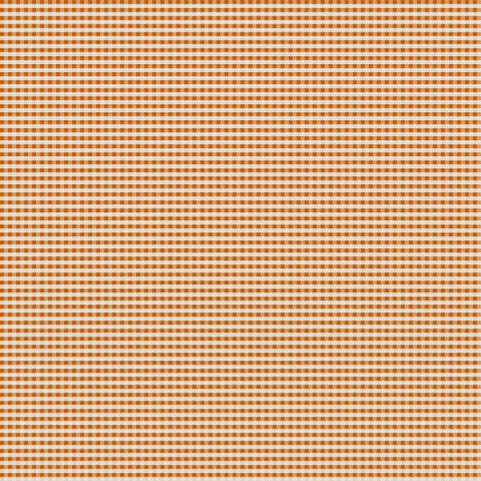 A fabric with a orange gingham pattern background. From wild cottage collection figo fabrics fat quarter bundle.