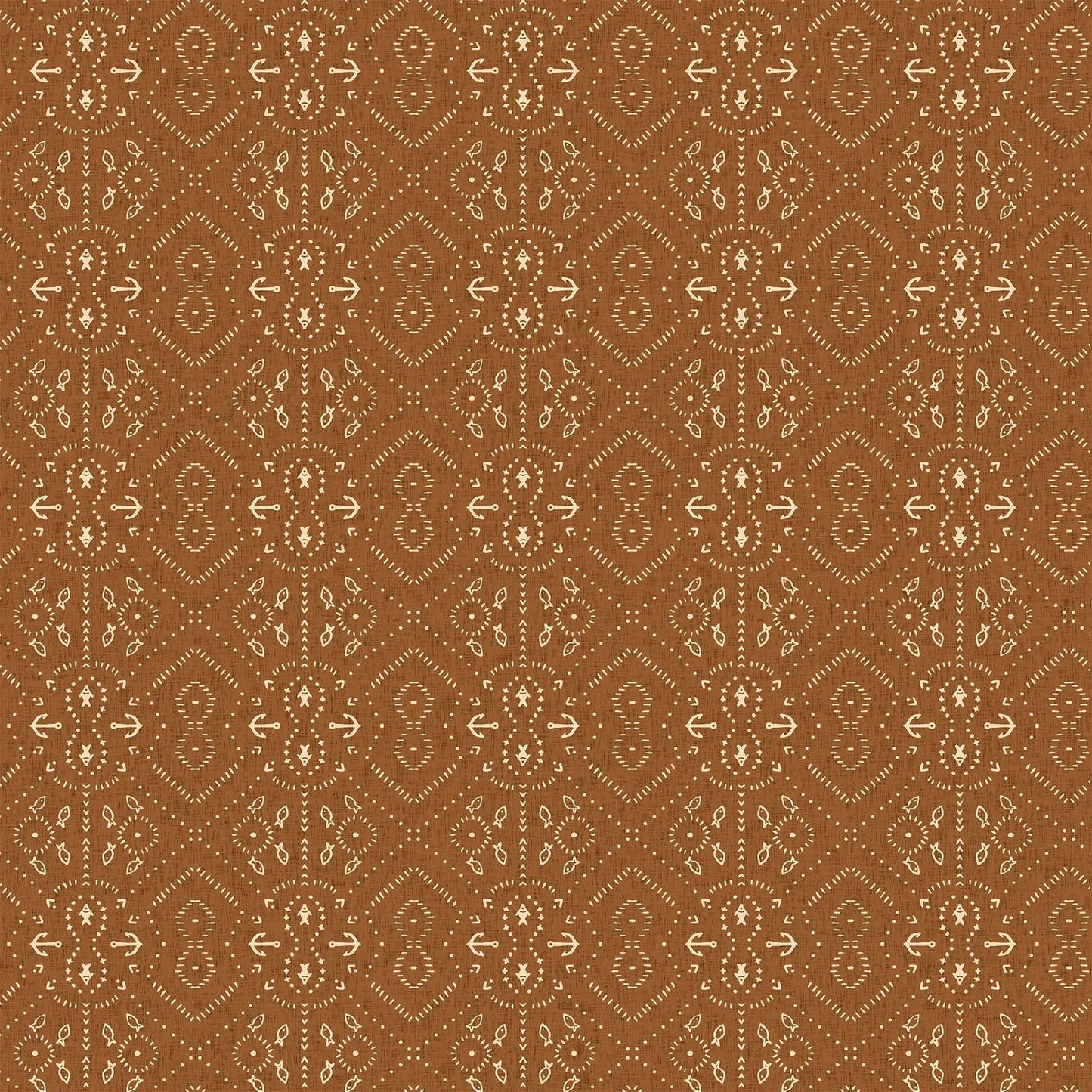 Fabric with a gold background and anchors and fish illustrations. From Calm Waters by FIGO Fabrics. 100% Cotton for quilting, sewing, and crafting.