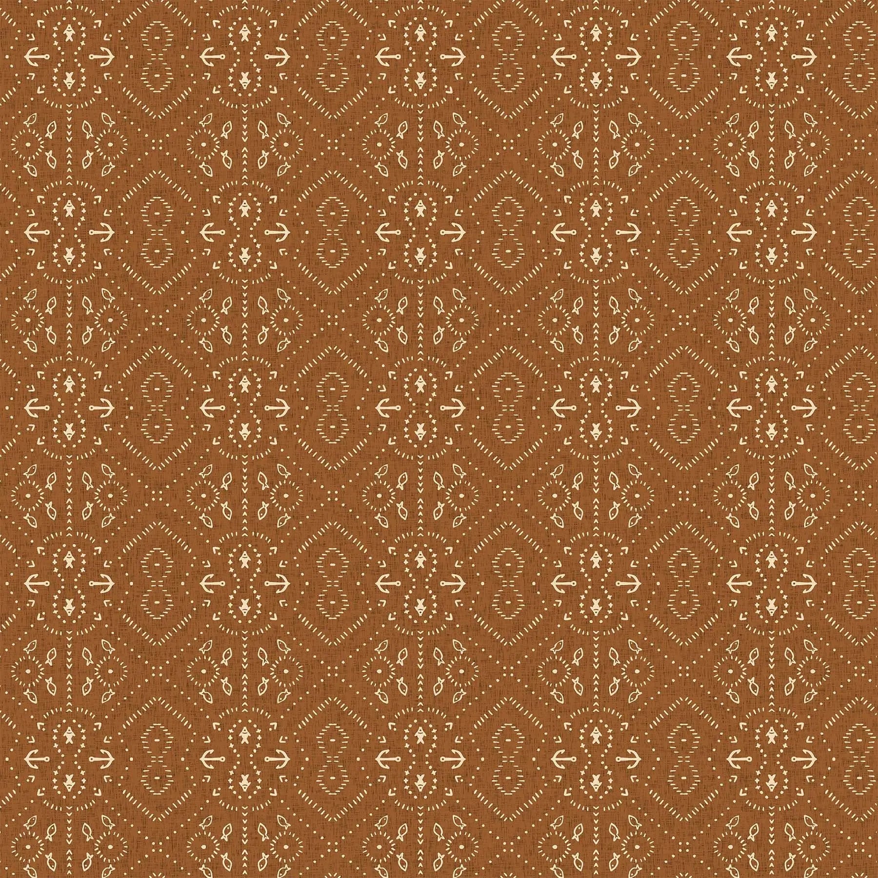 Fabric with a gold background and anchors and fish illustrations. From Calm Waters by FIGO Fabrics. 100% Cotton for quilting, sewing, and crafting.