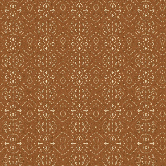 Fabric with a gold background and anchors and fish illustrations. From Calm Waters by FIGO Fabrics. 100% Cotton for quilting, sewing, and crafting.