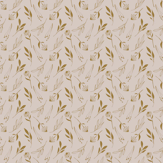 Fabric with a cream background and gold leaves and flower pattern. From Martha by Figo Fabrics.  100% cotton for sewing and crafting. 