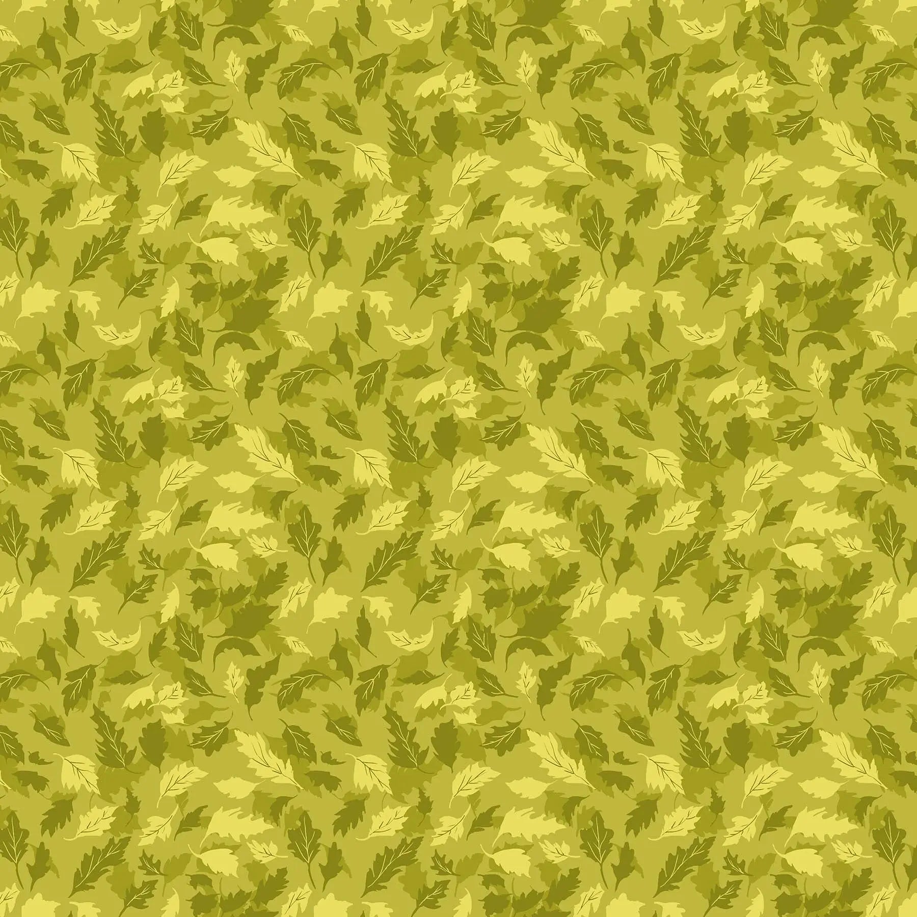 Fabric with a green background and tonal leaf pattern. From Summers End line by Alison Janssen for FIGO Fabrics. 100% cotton for sewing, crafting, and quilting. 
